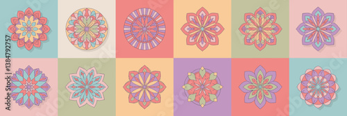 Mandala icon set featuring soft pastels and warm earth tones with geometric and floral designs – Perfect for stationery, meditation apps, or decorative branding.