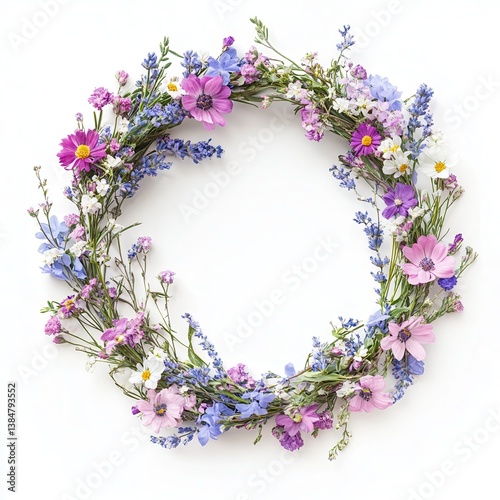 Beautiful wreath with field flowers isolated on a white background. Midsummer celebration concept, summer decoration.