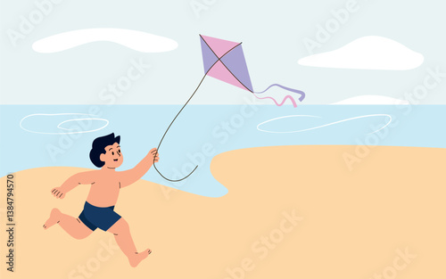 A boy running on the beach while flying a colorful kite. The image captures the joy and freedom of childhood play under a clear sky with the ocean in the background.