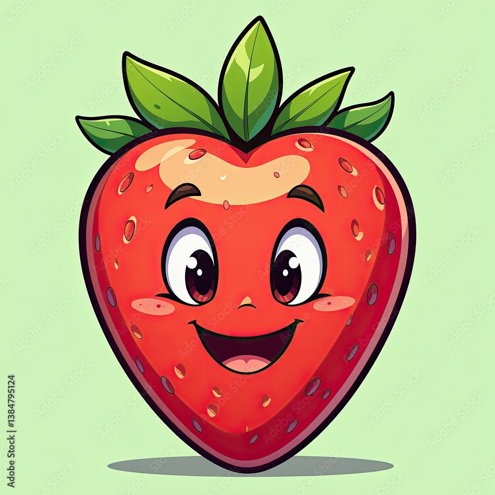 Obraz premium Vibrant Strawberry Animation on Fresh Green Leaves Against Light Green Background. A cartoon strawberry with a smiling face and green leaves.