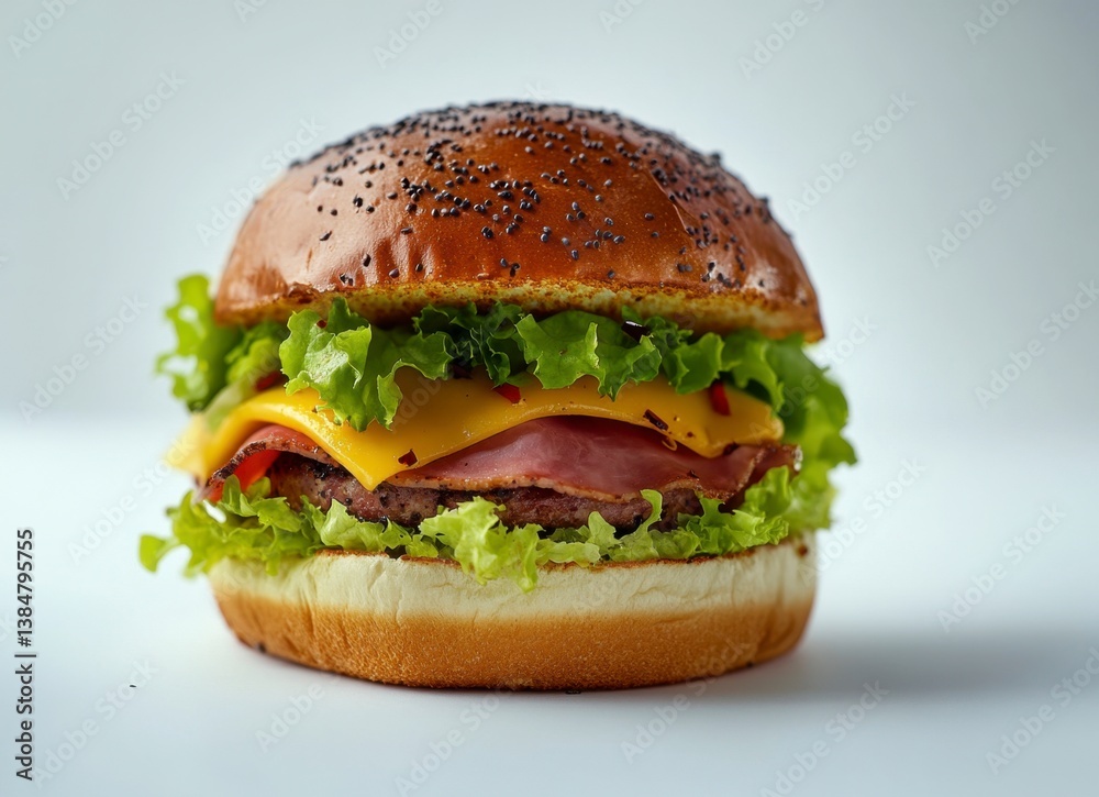 Delicious Ham Burger with Cheese and Lettuce on a White Background Delicious Ham Burger with Cheese and Lettuce on a White Background