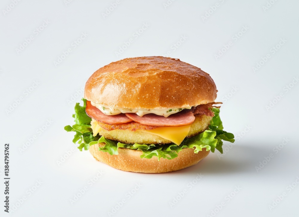 Delicious Chicken Burger with Bacon Lettuce and Cheese on White Background Delicious Chicken Burger with Bacon Lettuce and Cheese on White Background