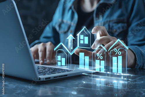 real estate concept, Close-Up Interaction With Laptop And Futuristic Graphics