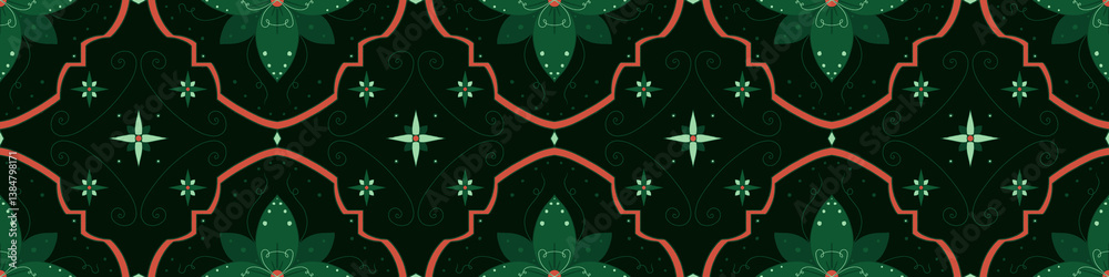 Elegant dark green seamless tile pattern with floral and swirl elements, ideal for luxurious wallpapers, textiles, and decorative backgrounds. Elegant dark green seamless tile pattern with floral and swirl elements, ideal for luxurious wallpapers, textiles, and decorative backgrounds.