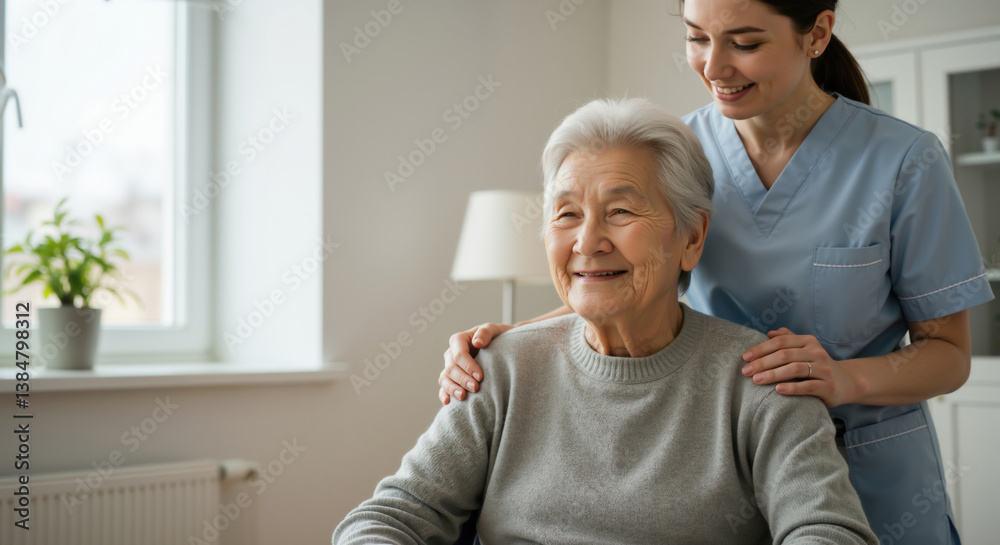 Fototapeta premium Smiling senior woman with caregiver in nursing home. Elderly care and assisted living service for comfortable retirement lifestyle