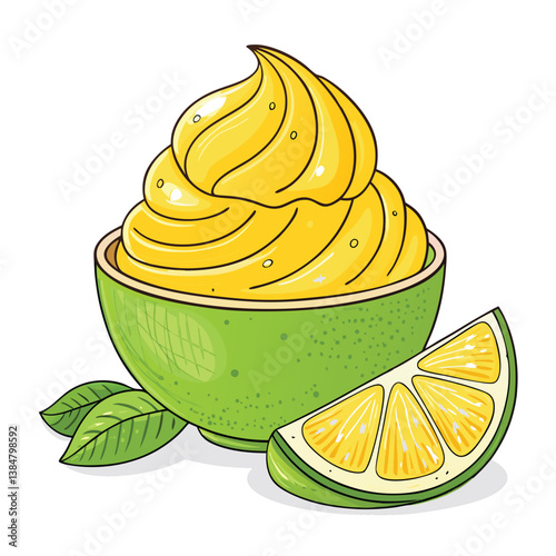 Create a vibrant vector illustration of lemon sorbet, using bold, dynamic strokes.  Emphasize the citrusy texture and color.