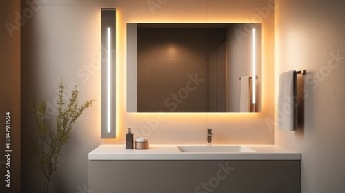 A minimalist bathroom with slim vertical LED sconces mounted beside a frameless mirror above a sleek white countertop