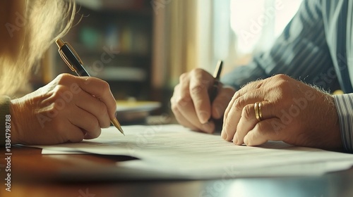 Couple signing documents at home, bookshelves in background, legal paperwork