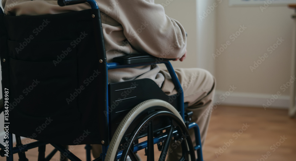 Fototapeta premium Senior person in beige sweater sitting in blue wheelchair. Side view of mobility assistance device and disability support for elderly care services