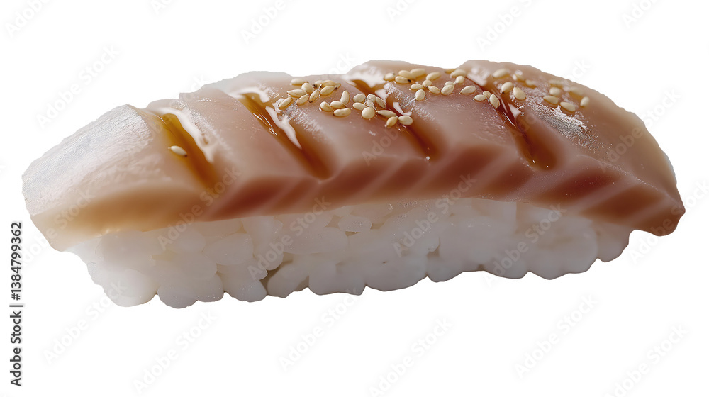 A piece of sushi with fish slices and sesame seeds, isolated on a white background.
A piece of sushi with fish slices and sesame seeds, isolated on a white background.