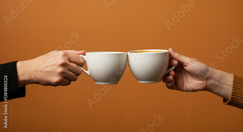 Two hands holding white coffee cups against orange background. Friendship ritual and social connection concept for relationship building and morning gathering