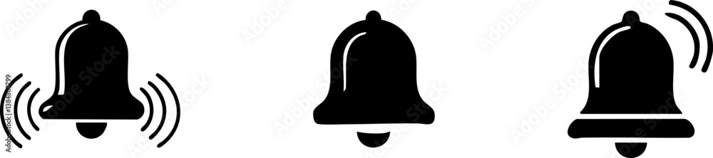 Notification icon | simple black silhouette designs of bells with different notification or ringing states Notification icon | simple black silhouette designs of bells with different notification or ringing states
