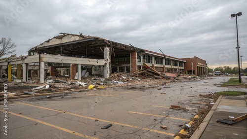 A damaged commercial building with debris scattered, showcasing the aftermath of a strong storm or disaster under a cloudy sky.