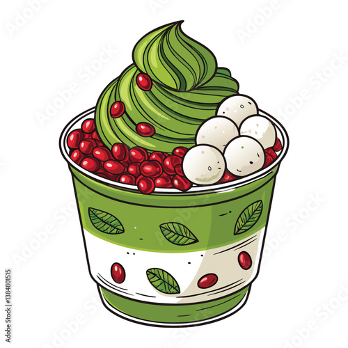 Create a bold, vector illustration of a vibrant matcha parfait with rich green matcha, layered textures, and realistic details.  Use strong lines and a minimalist style.