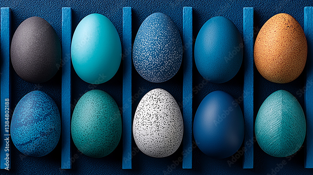 Fototapeta premium Painted Easter Eggs: A captivating display of vibrantly painted eggs, arranged in rows, offering a delightful palette of colors and textures, perfect for seasonal celebrations.