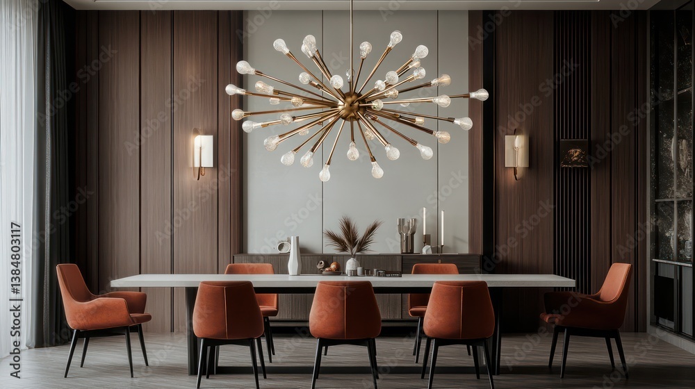 Fototapeta premium A modern sputnik chandelier in brushed brass hanging over a rectangular dining table with mid-century modern chairs in a stylish dining space