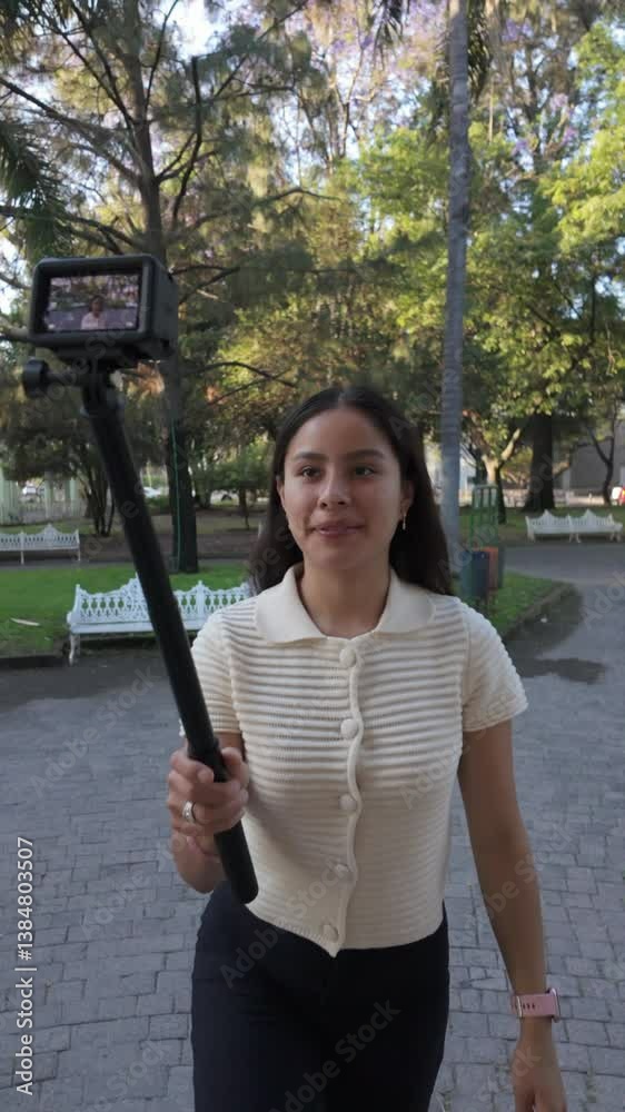 Female travel vlogger waves at camera while filming with action cam in plaza