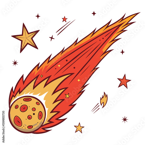 Create a vector illustration of a bold, dynamic meteor trail falling through space, emphasizing fiery streaks and glowing particles.