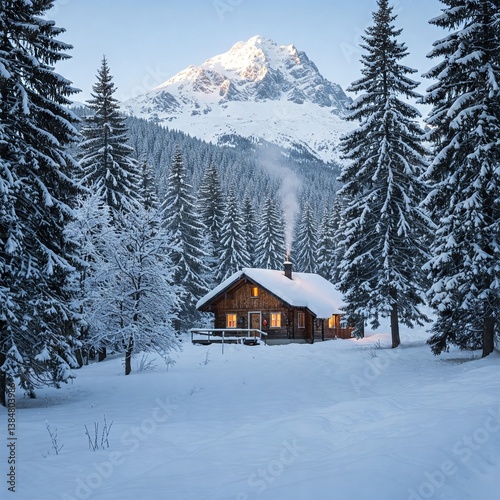 Mountain hut wrapped in snow blanket, chimney smoke rising, pine woods all around, perfect cozy winter getaway in holiday setting, scenic and peaceful.