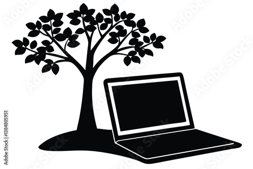 Working on a Laptop Outdoors Under a Tree Vector

