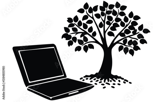 Working on a Laptop Outdoors Under a Tree Vector

