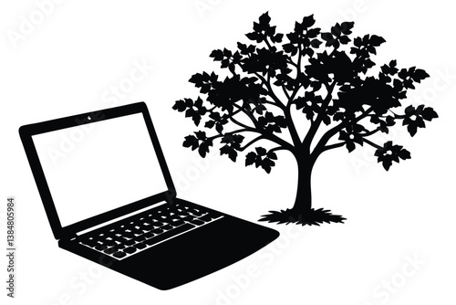 Working on a Laptop Outdoors Under a Tree Vector


