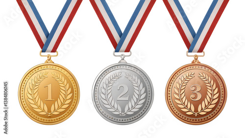 Triumphant Trio: Gleaming golden, silver, and bronze medals adorned with colorful ribbons, a symbol of victory, honor, and excellence for top achievers.