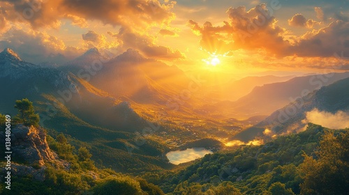 Fototapeta Naklejka Na Ścianę i Meble -  Beautiful mountain landscape at sunset scenic nature views wallpaper background desktop travel photography