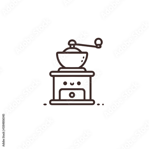 Cute line art coffee grinder, black and white, coffee preparation and kitchen, with copy space