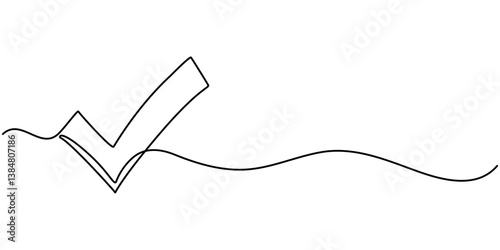 Continuous line is creating the shape of a check mark, One continuous line drawing check mark, Vector illustration of check mark, Check mark. Icon with reflection on white background, check mark one. 