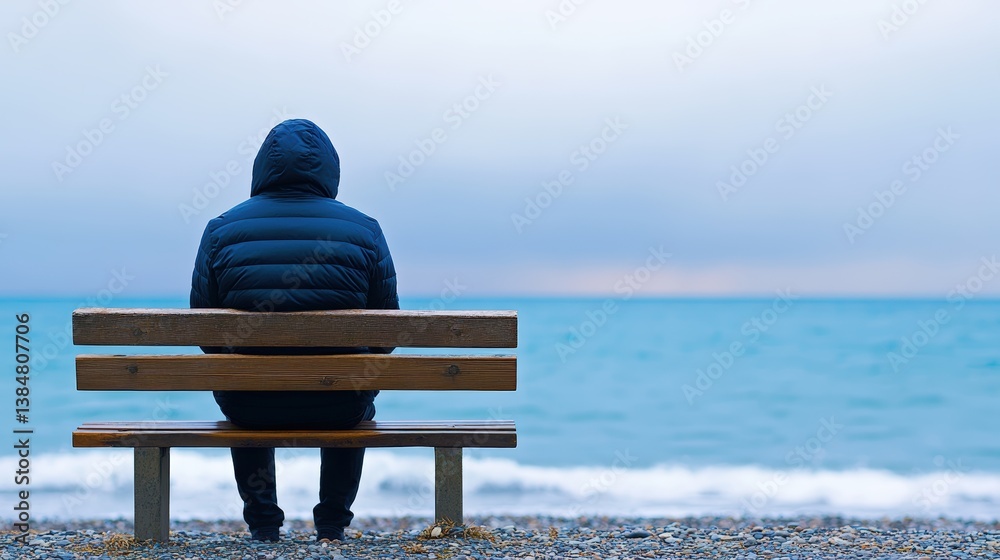 A person in a hooded jacket sits on a bench by the ocean, gazing at the calm water under a cloudy sky. A person in a hooded jacket sits on a bench by the ocean, gazing at the calm water under a cloudy sky.
