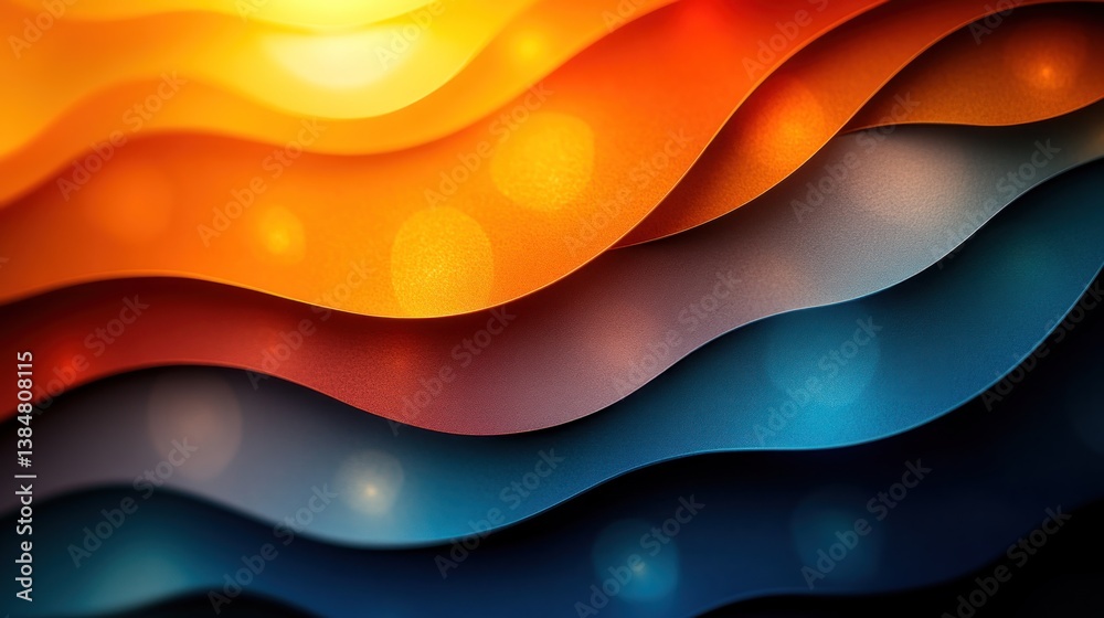 Obraz premium Abstract wavy background with vibrant orange, red, blue and dark hues and bokeh lights.