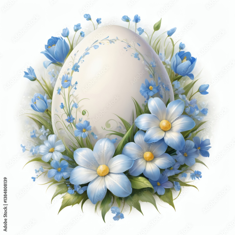 Obraz premium Decorative egg nestled among blue flowers creating a vibrant spring atmosphere and celebrating renewal in nature Generative AI