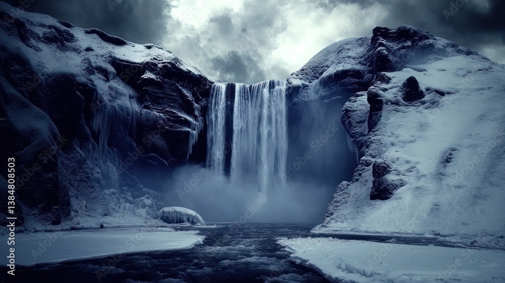 Fototapeta premium majestic icy waterfall cascading between snow covered cliffs under a dramatic sky creating a powerful and awe inspiring arctic landscape vista