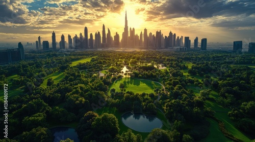 Lush parkland meets a modern city skyline at sunrise.  A tranquil green oasis surrounded by towering skyscrapers, bathed in the golden light of dawn