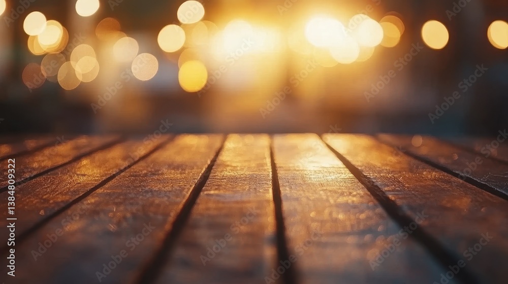 Golden Hour Wooden Table with Blurred City Lights Background. Golden Hour Wooden Table with Blurred City Lights Background.