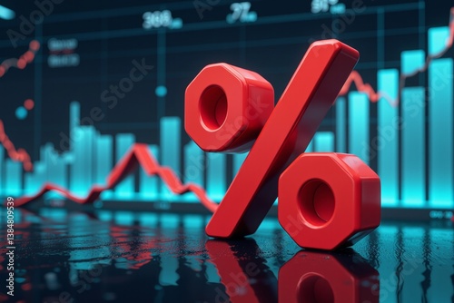 Red Percentage Symbol on Declining Financial Market Graph Interest Rate Drop Concept