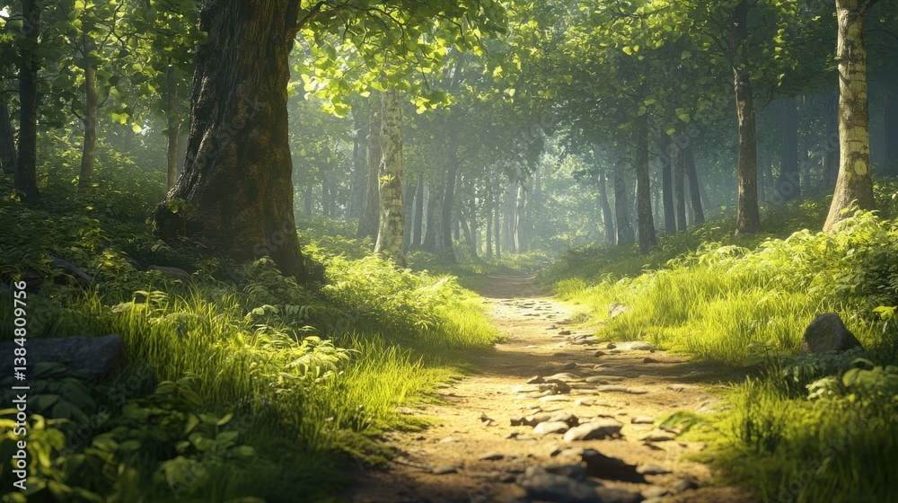 Sunlit Forest Path Tranquil Nature Scene. Sunlit Forest Path Tranquil Nature Scene.