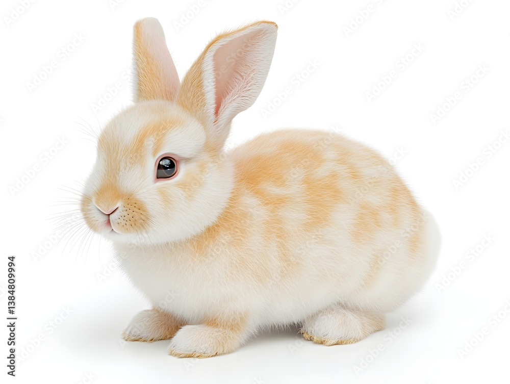 Fototapeta premium An adorable fluffy cream-colored bunny rabbit sits against a pure white background posing for a charming photograph.
