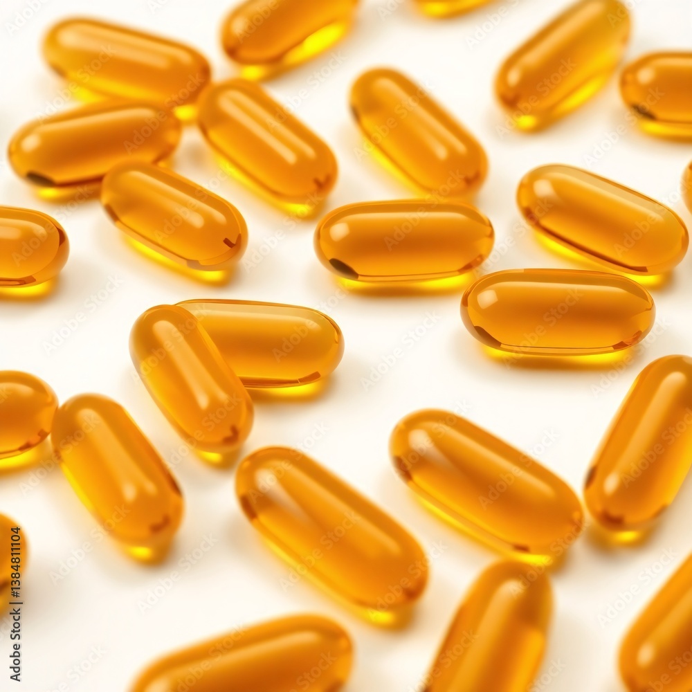 Close-up of many yellow gel capsules on a white surface Close-up of many yellow gel capsules on a white surface