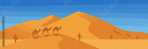 Minimalist vector illustration of a desert landscape with a large sand dune and camels