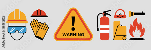 Modern industrial safety vector icon set with protective gear – Ideal for training manuals, workplace safety campaigns, or emergency preparedness content.