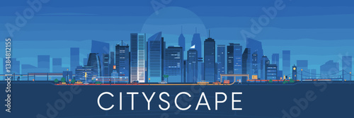 Modern digital illustration of an urban skyline with skyscrapers, streets, and landmarks