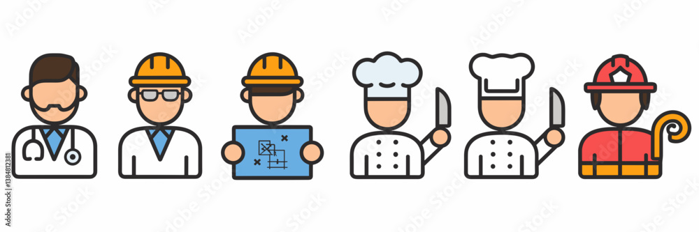 Professional occupation icon set in a row – Great for workforce-related content, hiring campaigns, or career development visuals. Professional occupation icon set in a row – Great for workforce-related content, hiring campaigns, or career development visuals.
