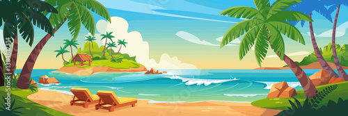 Tropical island with beach, hut, waves, and sun loungers