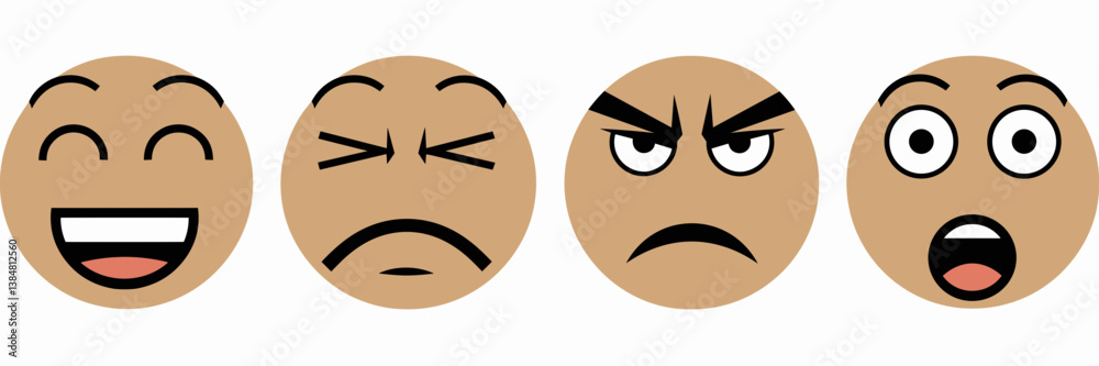Vector set of facial expression icons depicting happiness, sadness, anger, and surprise Vector set of facial expression icons depicting happiness, sadness, anger, and surprise