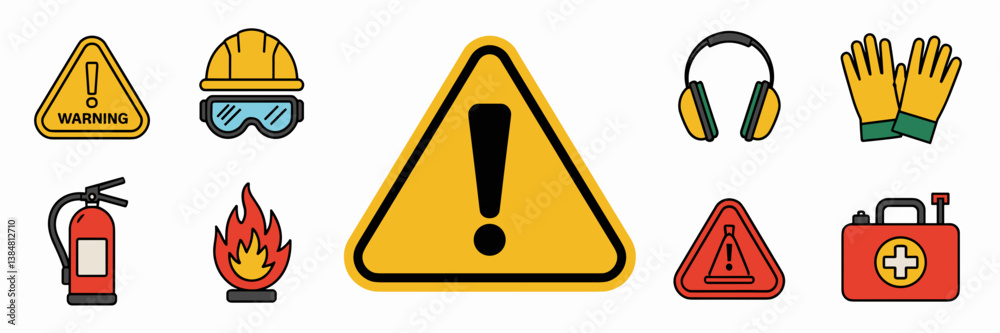 Industrial safety icons with warning sign and first aid kit – Great for construction safety campaigns, emergency preparedness content, or industrial training. Industrial safety icons with warning sign and first aid kit – Great for construction safety campaigns, emergency preparedness content, or industrial training.