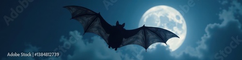 Dark grey flying bat with textured wings in silhouette against moonlit night sky , night, flying