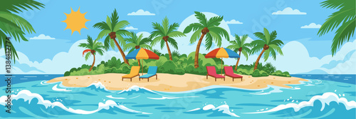 Vibrant tropical beach with palm trees, waves, and sun loungers