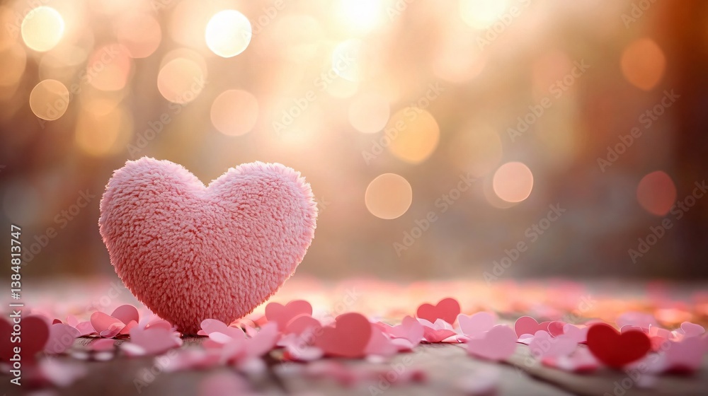 Obraz premium A romantic scene featuring a soft pink heart on flower petals, ideal for Valentine's Day, anniversaries, or love-themed events, creating a dreamy, tender atmosphere.